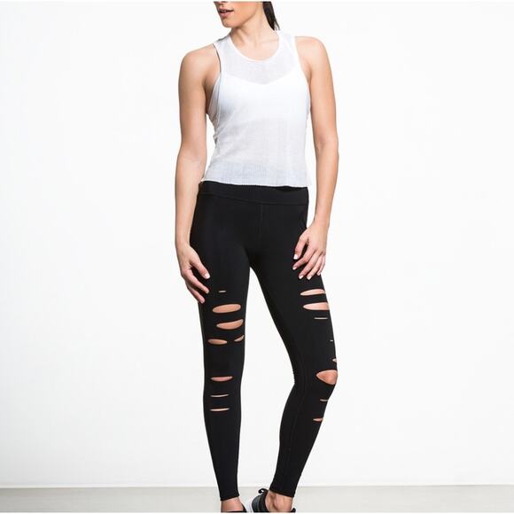 Alo Yoga Ripped Warrior Leggings, Black, Airbrush Knit, High Waist Laser-Cut Fit - Picture 2 of 14